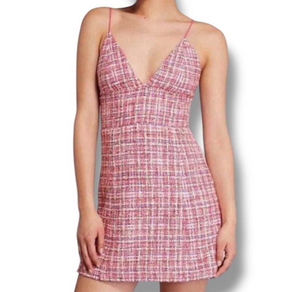 House of Harlow 1960 Pink Tweed V Neck Mini Dress